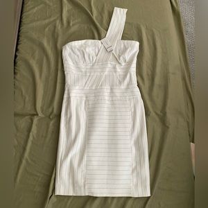 New Bebe asymmetrical white pin stripe dress 4